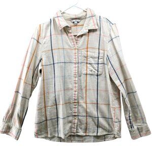 L.L. Bean Textured Flannel Shirt Womens M Beige Grid Plaid Multicolor